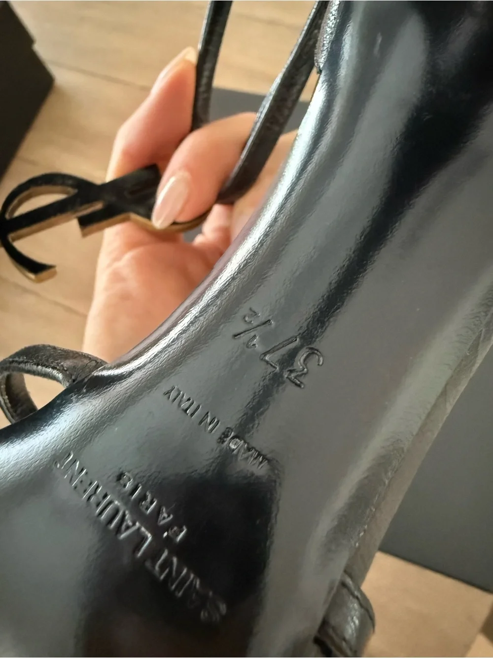 Saint Laurent Black Leather Heels with Gold YSL Logo T-Strap